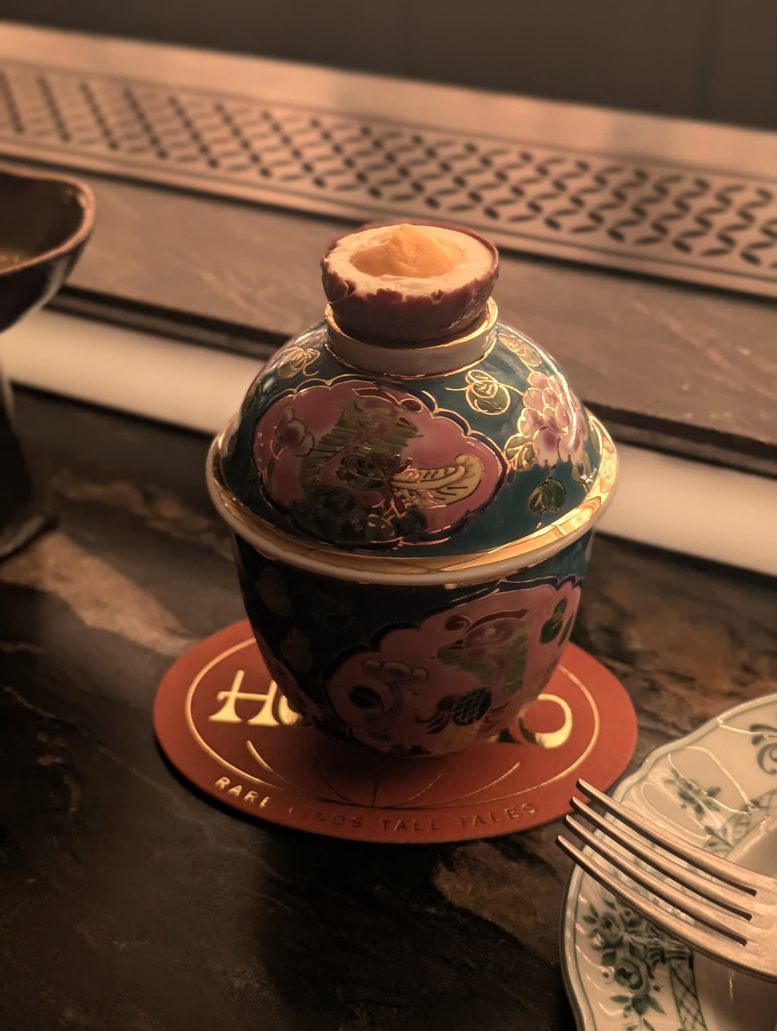 Kueh-Kueh Spirits at Horatio — served in a teal-and-gilt Peranakan lidded cup