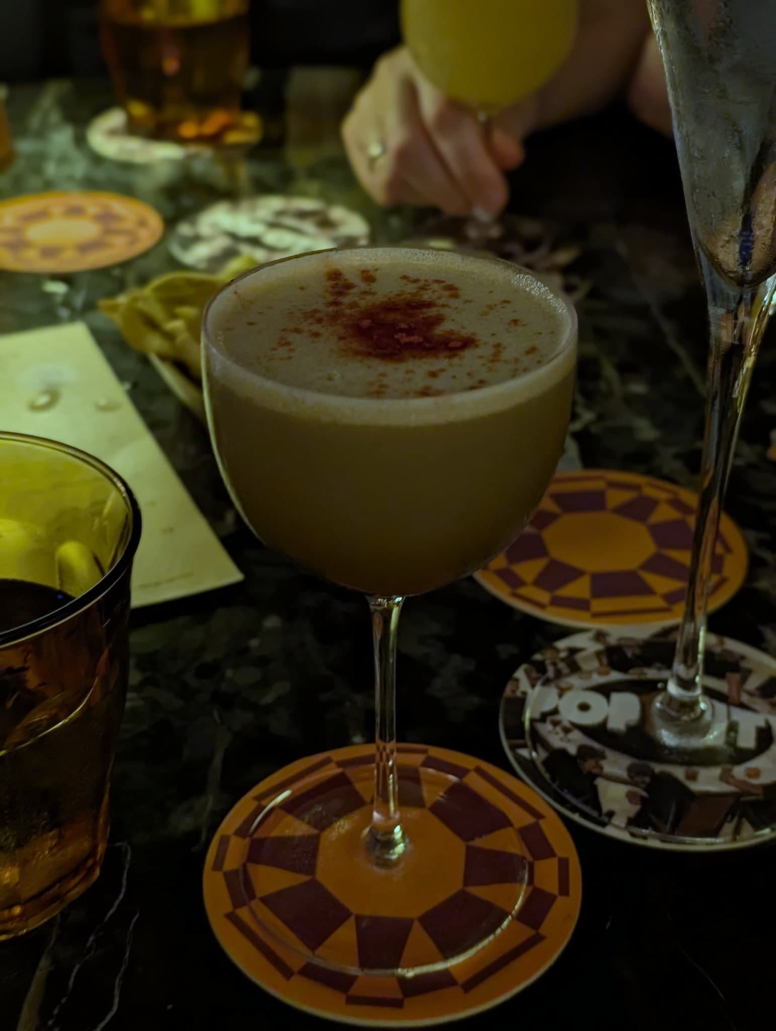 Højicha Espresso Martini at Pop City — dark glossy pour in a sharp v-shaped glass
